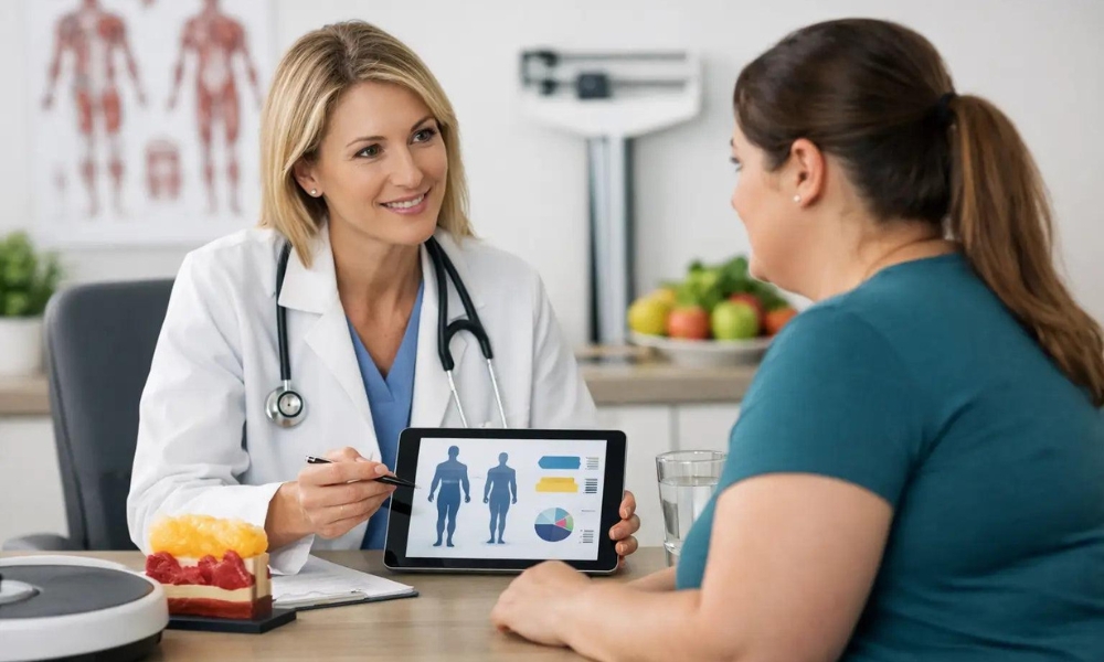 Primary care physician discussing medically supervised weight loss and prediabetes prevention with an adult patient in Round Rock Texas