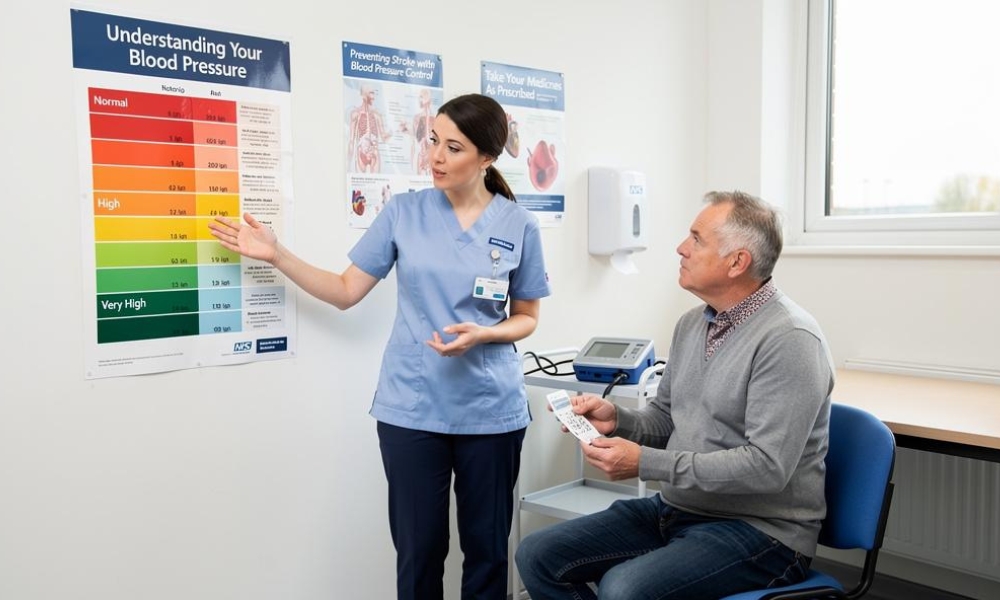 Patient correctly checking blood pressure at home using an automatic upper arm blood pressure monitor